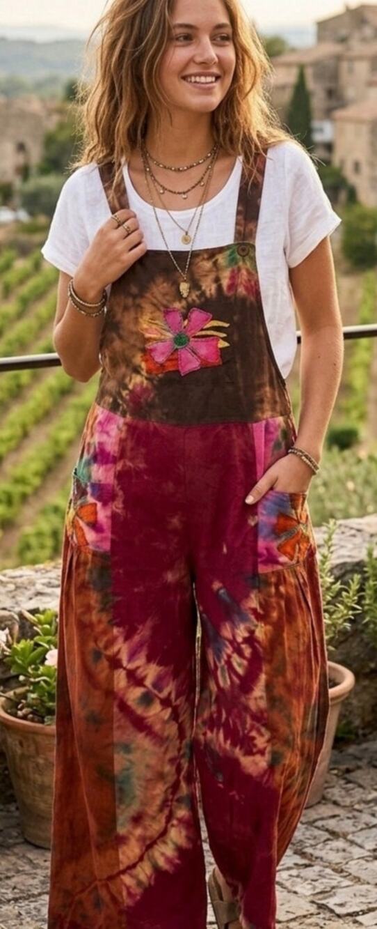 Awesome Boho/Hippie/Bollywood/Nepalese Tie Dye Applique Wide Leg Overalls
